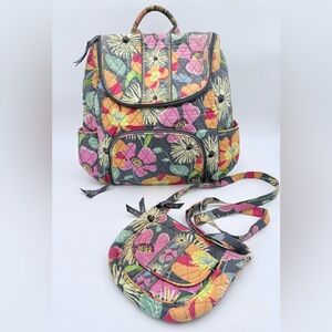 Vera Bradley Floral Quilted Backpack Travel W/ Matching Crossbody Jazzy Blooms